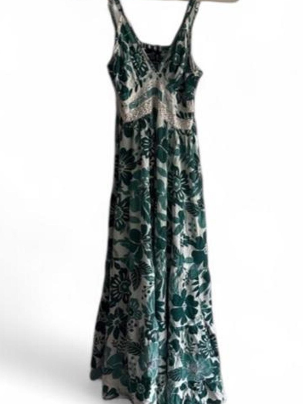 Boho Teal and Cream Floral Maxi Dress with Embellished Empire Waist - Picture 2 of 5